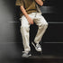 Men’s Retro Workwear Off-White Jeans – Distressed Loose Fit Multi-Pocket Woodcutter Pants
